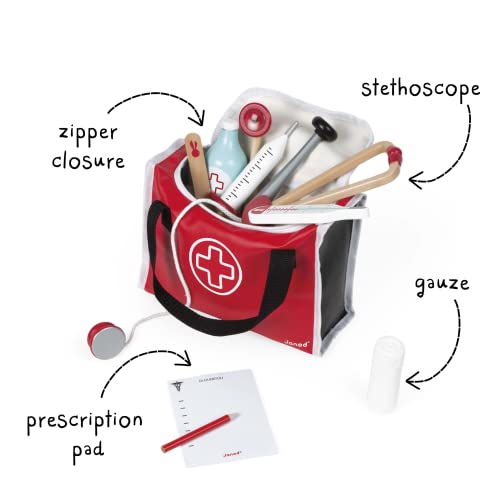 Janod Doctor's Suitcase Classic Wooden Pretend Medical Playset - Durable First Aid Kit Includes Stethoscope And Travel Case Develops Role Play And Imaginative Skills Ages 3+ Years One Color #TOP1