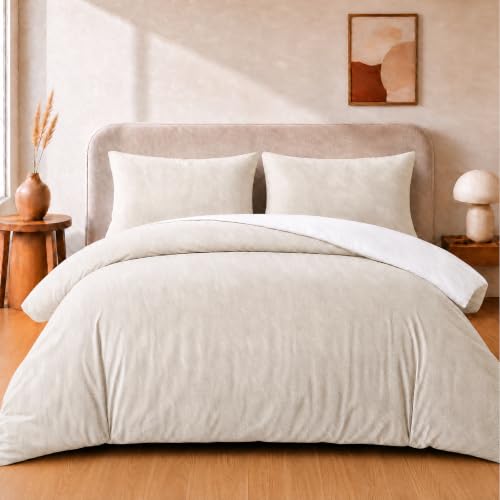 Image of VelvetMis Double Size Duvet Cover Set - 3Pcs Reversible Bedding Bed Set Cream And White Microfiber Quilt Cover With 2 Pillowcases 50x75cm