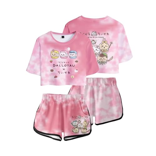 ISaikoy 2 Piece Outfits Anime Chiikawa Short Sleeve Crop Top and Short Pants Sets Hachiware T-Shirt