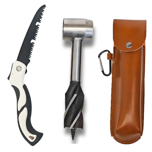 Jiffy2NE1 Bushcraft Auger, Survival Multitool Kit with Scotch Eye Wood Auger and Foldable Saw, Settlers Wrench for Wood Drilling and Peg Making, Bushcraft Tools and Gears for Camping, Outdoor