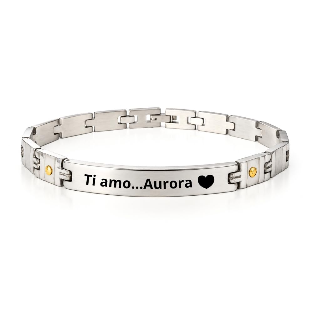 Bracciale Uomo Personalizzabile con Incisione in Acciaio Inox ed Elementi in Oro, Incidi Frasi Simboli Date e Nomi, Gioiello Personalizzato per Marito Fidanzato Compagno, Idea Regalo per Lui