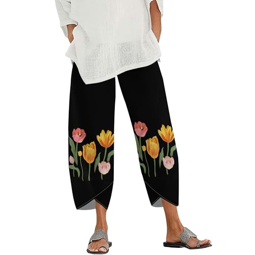 Womens Floral Tulip Print Cotton Linen Capri Pants Wide Leg Elastic Waist Summer Cropped Trousers with Pockets
