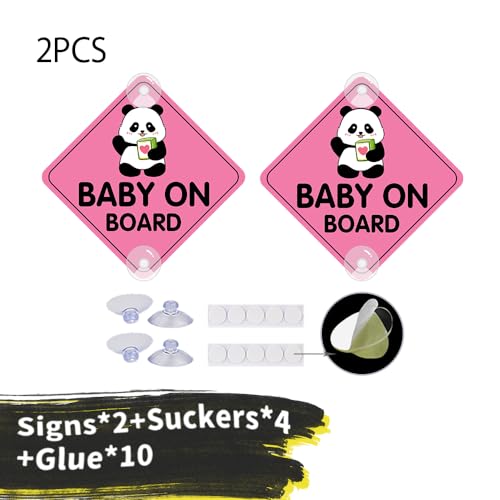 Image of 2PCS Panda Baby On Board Sticker for Cars, Cute Kids in Car Suction Cup Sign for Car Window Bumper Truck Auto Warning Decals (Suction Cup,Pink)