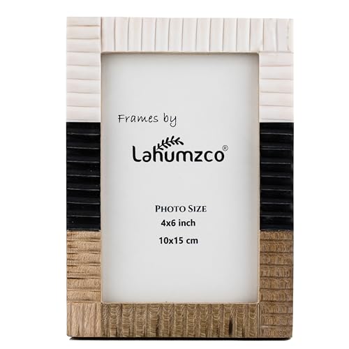 Lahumzco Black Ivory Wood Resin Inlay Photo Frame 4x6 Inch – Handmade Ribbed Decorative Picture Frame for Tabletop or Wall Display – Modern Geometric Frame for Home Office Décor