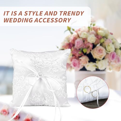 mimzemamz Ringkissen Hochzeit Ringhalter Kissen, Weiß Brautkissen Träger Ringschachtel 15x15cm Ringkästchen Ringschatulle mit Satinband für Eheringe