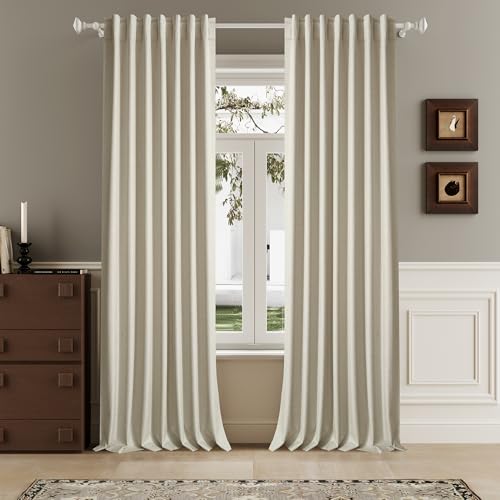 120 Inch Extra Long Linen Natural Birch Curtains Floor to Ceiling for Sliding Glass Doors 2 Panels, Flax Linen 100% Blackout Elegant Boho Thermal Curtains for Large Windows 10 FT Drapes,50 x 120 Inch