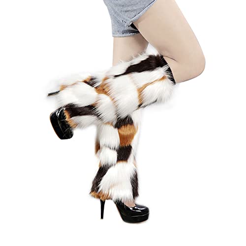 Women's Faux Fur Warm Fuzzy Leg Warmers, Super Soft Winter Long Boots Shoes Cuffs Covers For Party Costumes (White-Brown) #TOP6