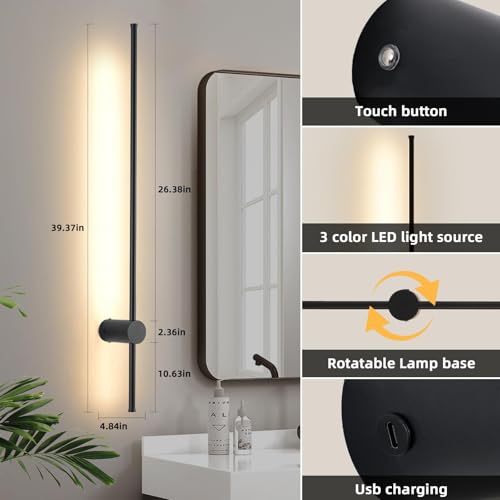 Image of LED Wireless Wall Sconce with Remote Control, Dimmable /350 Rotate /Timing /USB Rechargeable Battery Powered Indoor Wall Lamps, 39.3 inch Black Wall Lights Set of Two for Hallway, Living Room, Bedroom