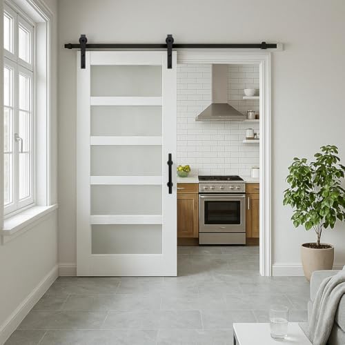 Image of S&Z TOPHAND 30in x 84in Glass Sliding MDF Barn Door with Sliding Door Hardware Kit, 5 Tempered Frosted Glass, Slab Inside Covered with Water-Proof PVC Surface, Simple DIY Assembly