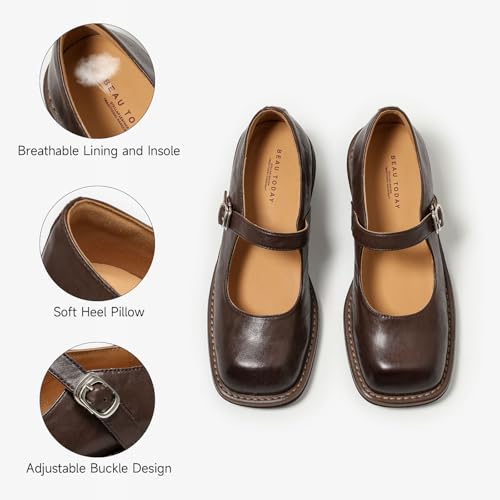 BEAU TODAY Womens Mary Janes, Leather Mary Janes for Women, Fashion Square Toe Ballet Flats, Comfortable Business Office Casual Dressy Mary Jane Flats for Women with Ankle Strap3