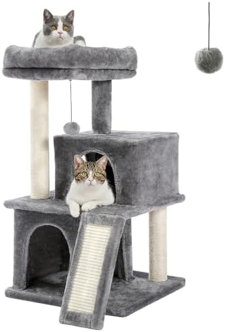 PAWZ Road Kratzbaum, 86cm Katzenbaum, Kratzbäume Katzenmöbel | mit Sisal-Seil, Plüsch Liege 2 Höhlen Spielhaus ,Spielzeug für Katzen, Grau