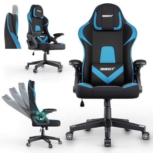 Onbest Premium Gaming Stuhl ergonomisch – verstellbares Nackenkissen – Lordosen Kissen – 360° Universal-Rollen – 150 kg Belastbarkeit – Stoffbezug – Armlehnen gepolstert – Gamingsessel (Blau)