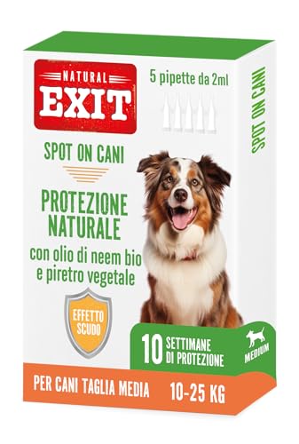 Natural Exit - Spot On Antiparassitario Naturale Per Cani, 5 Pipette Richiudibili Lunga Durata, Protegge Da Parassiti, Zecche, Pulci, Pidocchi (10-25 Kg - Taglia Media)