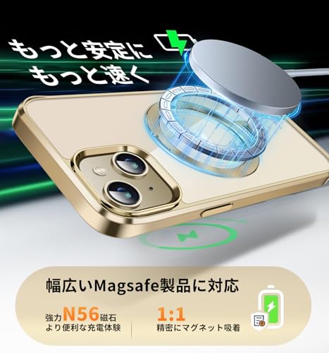 【360°回転無制限・縦横両対応】FONKCASE iPhone 13 用 ケース Magsafe対応【CDリング・スタンド一体】角度調整可能 ストラップホール付き【本体の色・メッキバンパー】アイフォン13 用 カバー マグネット搭載 耐衝撃 高耐久性 透明 黄変防止 ワイヤレス充電対応 いphone13 用 ケース 6.1インチ（ゴールド）