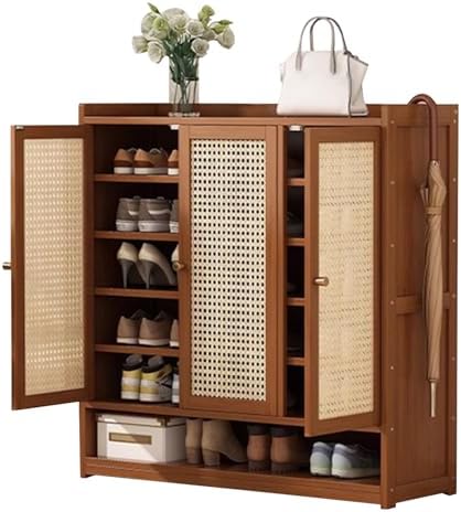 Shoe Storage Cabinet Cabinets Hallway Slim Cupboard Cupboards Hallways Slimline，Farmhouse Rattan Shoe Cabinet for Entryway Stylish Rack with Doors & Open Shelves Perfect Hallway & Living Roo