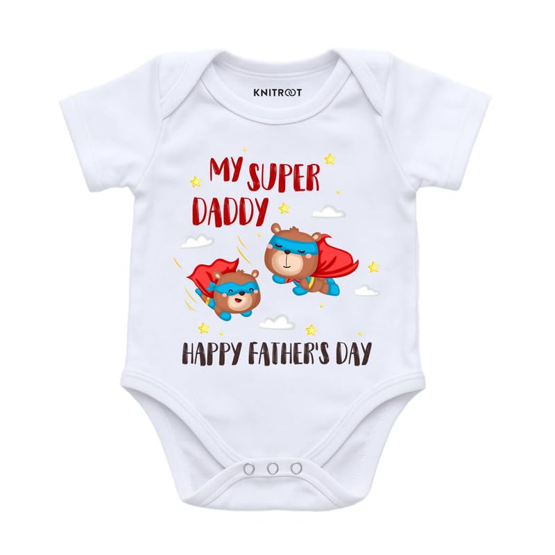 Image of KNITROOT Father's Day Special, Cotton Onesie, My Super Daddy, Happy Father's Day, Unisex Baby Kids Half Sleeve White Romper, Snap Button, Bodysuit, 0-12 Months, Infant Cloth for Boys & Girls
