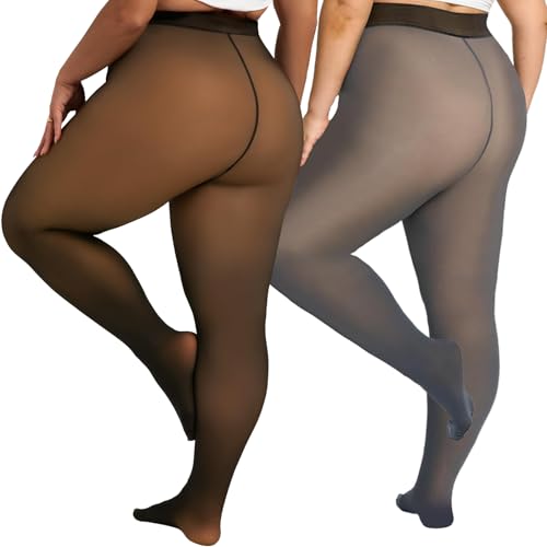 Image of 2 Pairs Plus Size Fleece Lined Tights Sheer Thermal Pantyhose leggings | Winter High Waist Warm Fake Translucent Thermal Sheer Thick Elastic Pantyhose for Womens