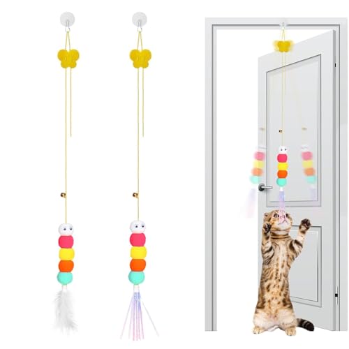 Image of Cat Toys, Hanging Spring Toys for Cats, Interactive Cat Playing Toy with Feathers and Crinkle Paper, Kitten Toys for Indoor Play, 2-Pack