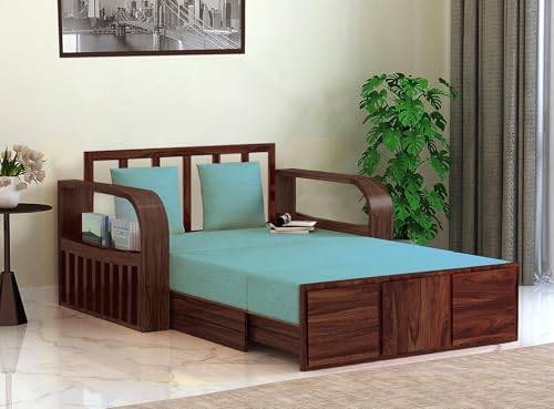 Image of APRODZ Sheesham Wood Sofa Cum Bed, 2 Seater, Walnut Finish with Turquoise Upholstery (75 x 51 x 30 Inch)