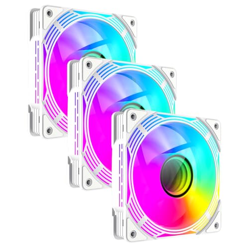 GameMax KF300R Trio - Ventiladores reversibles para PC de 120 mm, color blanco con espejo infinito, efecto de luz ARGB, 5 V, 3 pines, Aura Sync 800-1600 RPM 4 pines PWM, adecuado para cubierta de