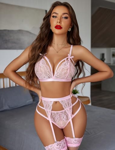 Image of Avidlove Women Lingerie Set Lace Teddy Strap Babydoll Bodysuit with Garter Belts
