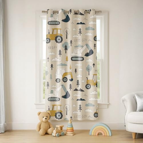 Image of STITCHNEST Velvet Kids Curtains Pack of 2 | Digger & Truck Print | Semi Blackout Curtains for Nursery, Playroom & Toddler Bedroom | 5 Feet