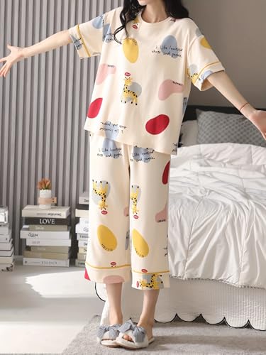 Image of Lunza Women's Cotton Pajama Set with Top & Pants|| Korean Night Suit|| Lightweight Printed Set || Soft & Comfy Sleepwear for Girls & Women