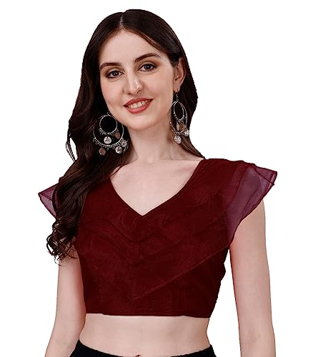 Image of Pujia Mills Women's V Neck Orgenza Three Layer Ruffle Sleeve Frill Readymade Saree Blouse