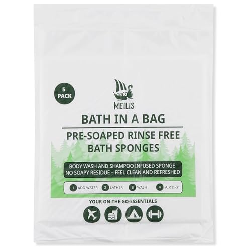 Bath in a Bag Pre-Soaped Rinse Free Bath Sponges, 5-Pack Disposable Body Wipes for Adults Bathing No Rinse - Simply Add Water, Lather & Air Dry Travel Camping Elderly Post Surgery Hospital Wipes