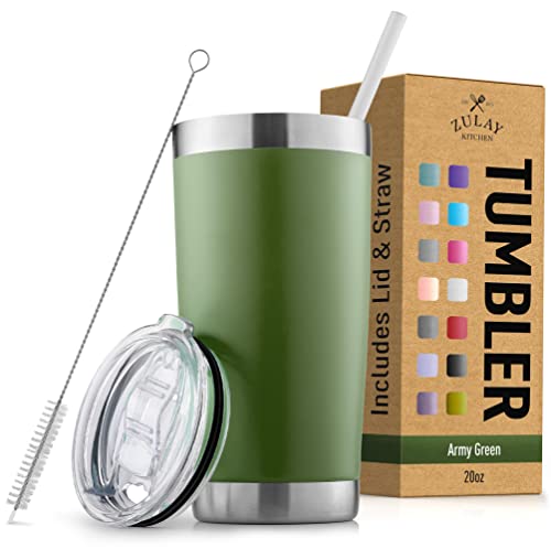 Zulay 20Oz Stainless Steel Tumbler With Lid And Straw - Sweat-Free Travel Coffee Mug Tumbler Cups - Double Walled Insulated Travel Mug For Hot And Cold Drinks (Army Green) #TOP22