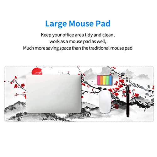 Image of Watercolor Japanese Cherry Blossom Mouse Pad 31.5 X 11.8 Inch XL Red Floral Design Extended Gaming Mousepad Large Non-Slip Rubber Base Keyboard Desk Mat with Stitched Edges for Gaming and Office