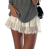 Women Lace Slip Skirt Ruffle Pleated Layered Y2k Flowy Skort with Built in Shorts White S