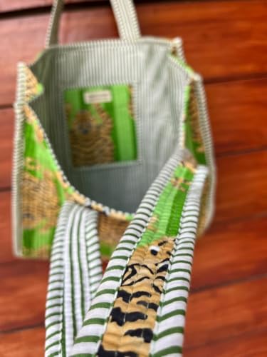 Image of YILLE Cotton Quilted Floral & Tiger Print Tote Bag, 18 x 18 inches For Grocery Shopping, Travel