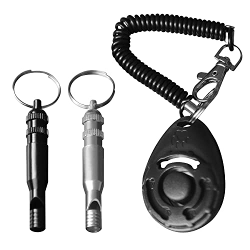 MIEDEON 3 Packs Loud Dog Training Whistle (Survival Whistle) and Dog Training Clicker, Anyone Can Hear, for Recall, Stop Barking, Dog Training, Black and Silver Set of 3 (1, Black/White)