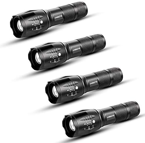 JARDLITE LED Emergency Handheld Flashlight, 4 Pack, Adjustable Focus, Water Resistant with 5 Modes, Best Tactical Torch for Hurricane, Camping, Dog Walking