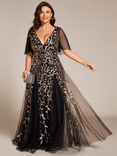 Image of Ever-Pretty Women's Sequin V Neck Plus Size Formal Dresses Evening Gown | Short Sleeve, A-Line, Empire Waist, Plus Size Mother of the Bride Dresses, Plus Size Gala Dress