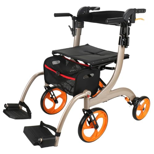 Rollator in Alluminio Pieghevole,Girello 4 ruote,deambulatore da esterno,con Seduta e poggiapiedi,Altezza regolabile,per terreni e attività all'aperto champagne gold