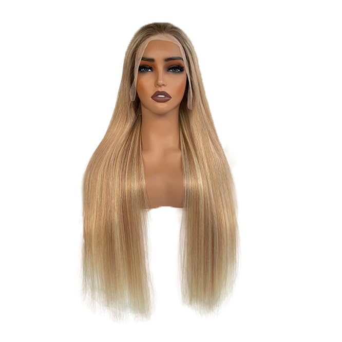 Image of Ash Blonde Lace Front Wig Human Hair, 13x4 Silky Straight Mini Knots HD Invisible Lace Wig for Women Glueless Blonde with Brown Highlights Wigs 26 Inch 180% Density Pre Plucked Free Part Frontal Wigs