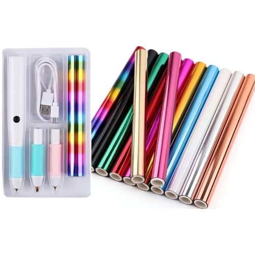 Briartw USB Hot Foil Pen Heat Active Foiling Tool with 13 Color Foil Rolls & 3 Interchangeable Tips for Writing Drawing Crafting on Paper Wood Leather