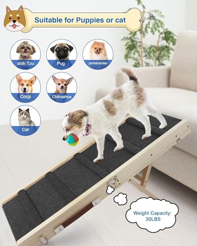FC22 Adjustable Dog Ramp, Wooden Folding Portable Pet Ramp, Rated for 30 LBS, 83cm/32.6" Long and Adjustable from 25.4cm/35.5cm/40.6cm/48.26cm with Non-Slip Traction Mat, Dog Step for Bed, Couch, Car