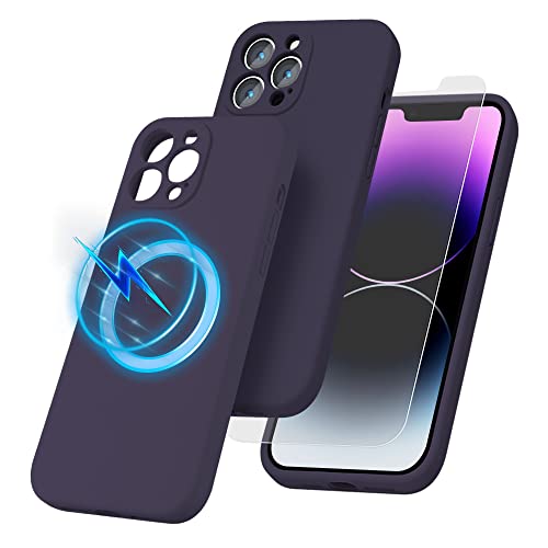 Kimguard Silicone Magnetic Case for iPhone 14 Pro Max + 2 Pack Tempered Glass Screen Protector Magsafe Case Silicone Phone Case with Microfiber Lining for iPhone 14 Pro Max 6.7 inch 2022,Elderberry