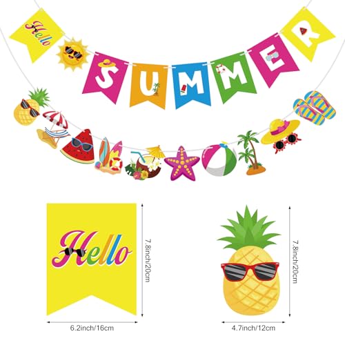 Image of Hello Summer Banner Beach Patterns Colorful Summer Pool Party Bunting Garland Banner Hanging Beach Decor for Kids Holiday Birthday Party Decorations Indoor Outdoor Home Office School Classroom