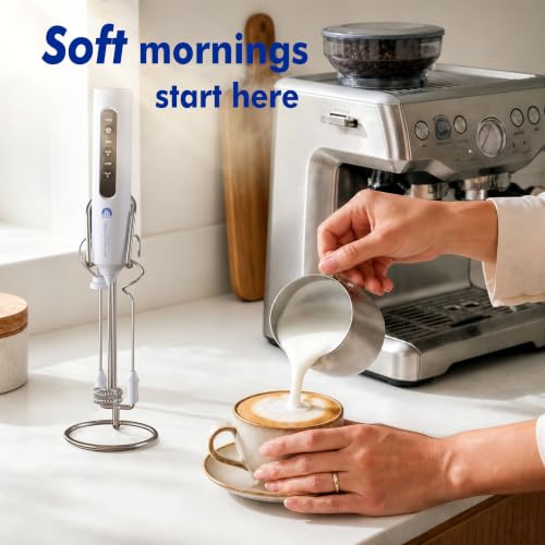Image of Rechargeable Milk Frother with Stand, 4 Interchangeable Whisks & Travel Case - Handheld Mixer for Lattes, Matcha, Hot Chocolate, Eggs & Protein Shakes