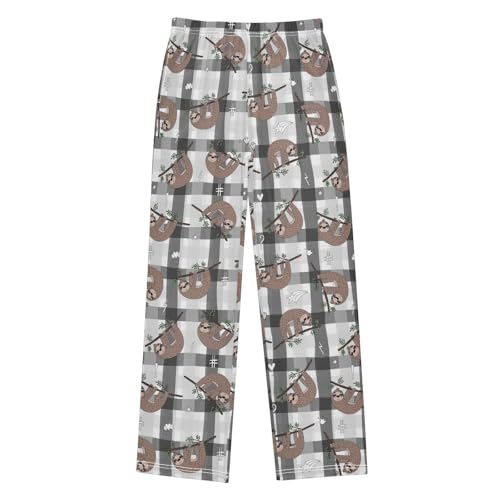 Sloth Plaid Print Boys Long Pants Soft Trousers Elastic Waist Kids Lounge Bottoms with Pockets S-XL