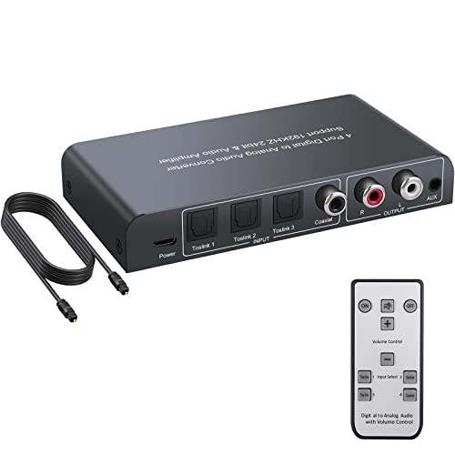 DAC Convertisseur Audio Numérique/Analogique 192kHz 3 Toslink SPDIF Optique+1 Commutateur Coaxial vers Stéréo L/R 3.5mm RCA Adaptateur Audio Contrôle Volume/Mute/on/Off Tension par Télécommande IR