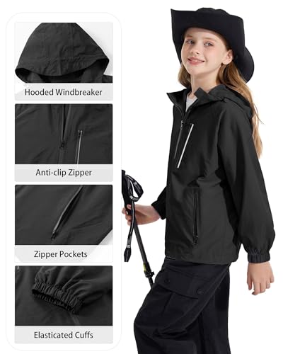 Image of Rolanko Girls Rain Jacket Lightweight Waterproof Hooded Kids Raincoat 6-16 | Kids Windbreaker, Water-Repellent, Sealed Zip Pockets, Reflective Strips, Extended Hood, Outdoor, School Daily, Travel