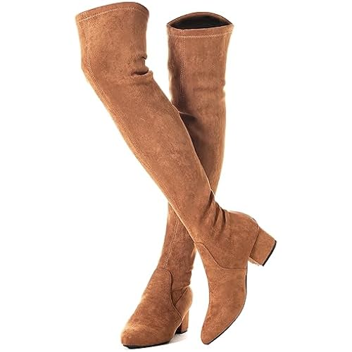Mtzyoa Thigh High Block Heel Boot Women Pointed Toe Stretch Over The Knee Boots