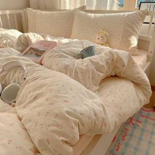 Image of VM VOUGEMARKET Lace Duvet Cover Set Full Girls Pink Flower Bedding Set Soft Lightweight Washed Microfiber Romantic Princess Duvet Cover with Zipper Ties-80 inchx90 inch