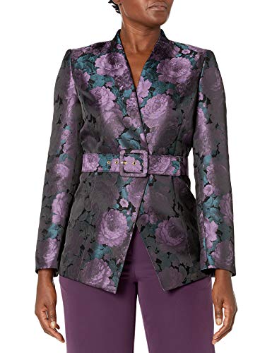 Tahari ASL Women's Collarless Belted Jacket, Mauve Teal Floral Jacquard, 6