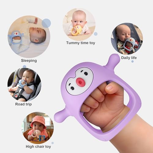 Image of Smily Mia 2pack Penguin Teether for Babies 0-6Month, Infant Teething Toys,Pacifiers for Breastfed Babies, Silicone Teething Mittens for 3-6Months, Perfect Shower Gift+Baby Registry, Pink&Purple